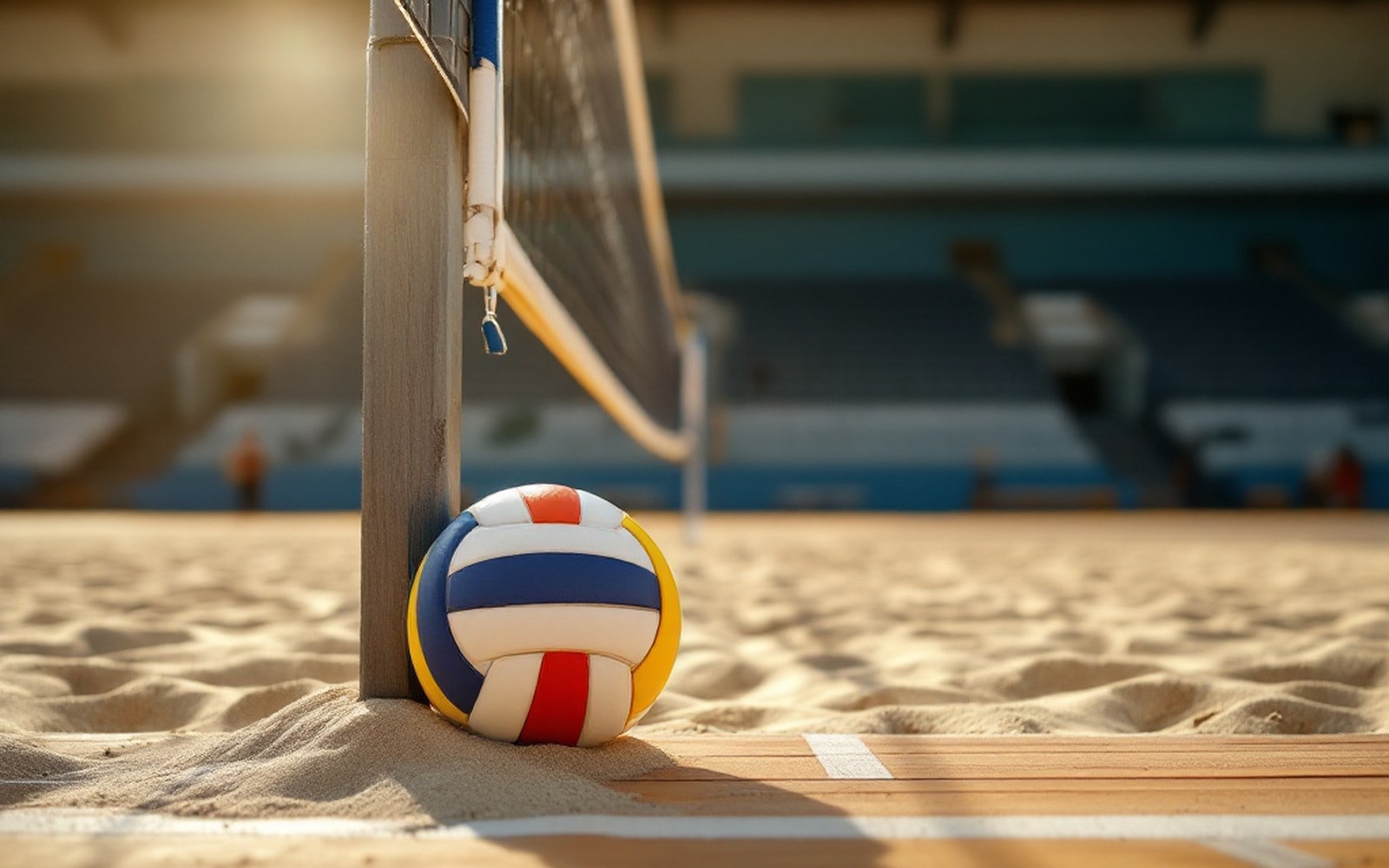 A volleyball resting against the base of a net post