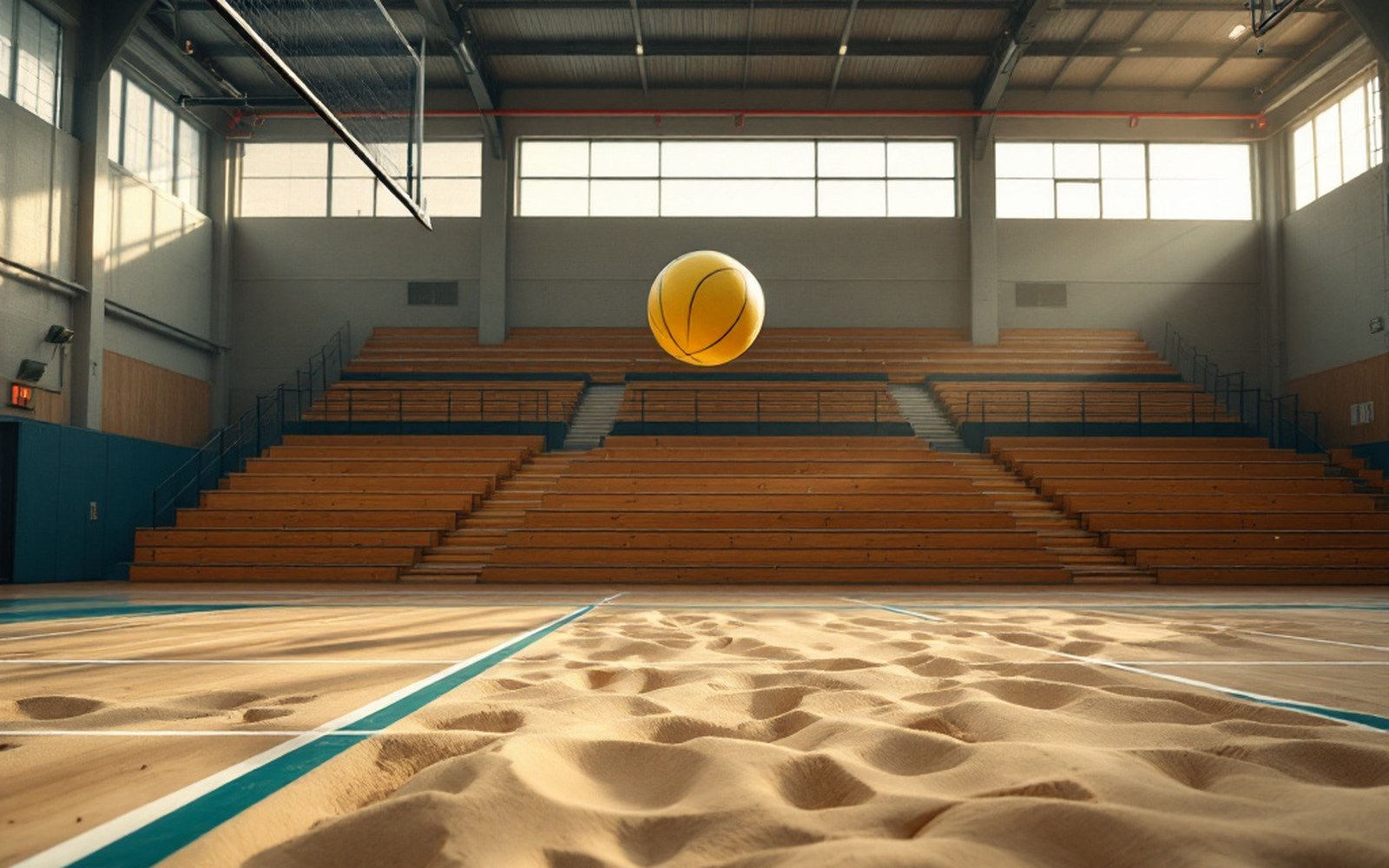 A ball in flight above an indoor court with the net in the foreground